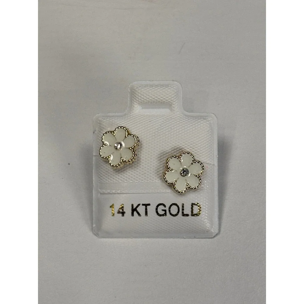 14 KT Gold Flower Earrings White Enamel Crystal Accent Studs